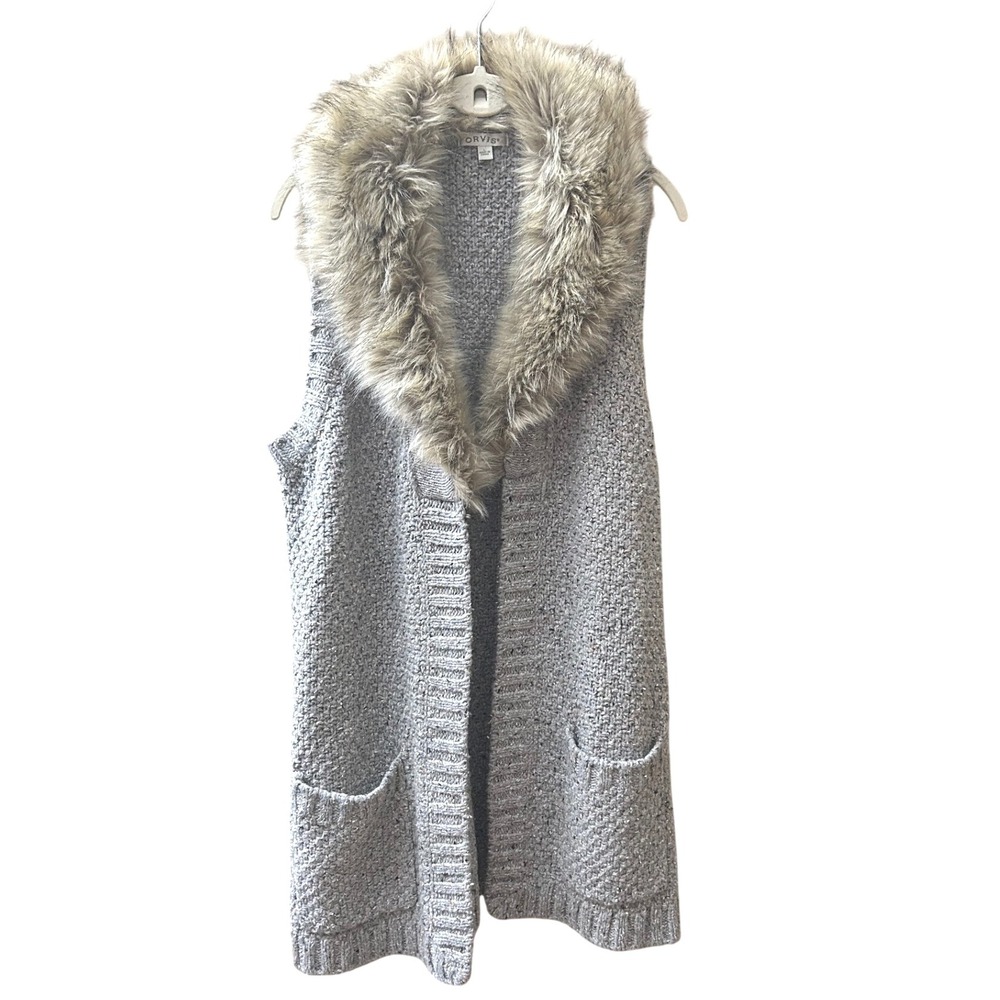 ORVIS Gray Knit Long Vest Faux Fur Collar Pockets‎ Size L